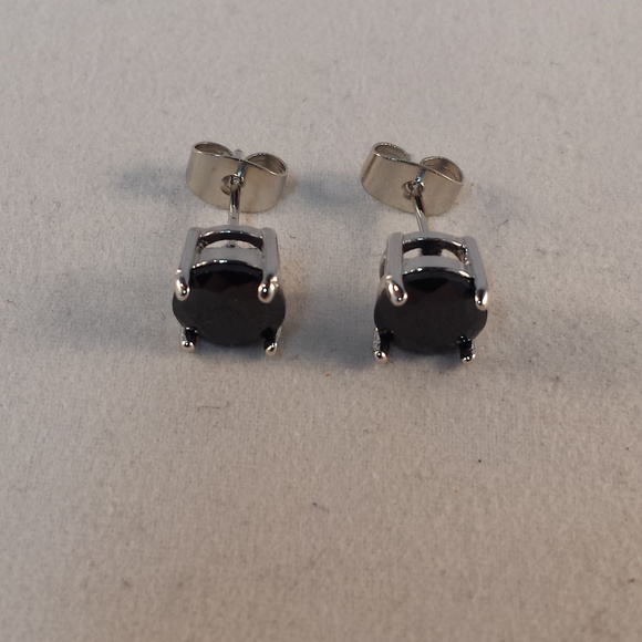 18K White Gold Filled Black Onyx Diamond Zircon Stud Earrings 7mm 1.28ctw each - Picture 1 of 3